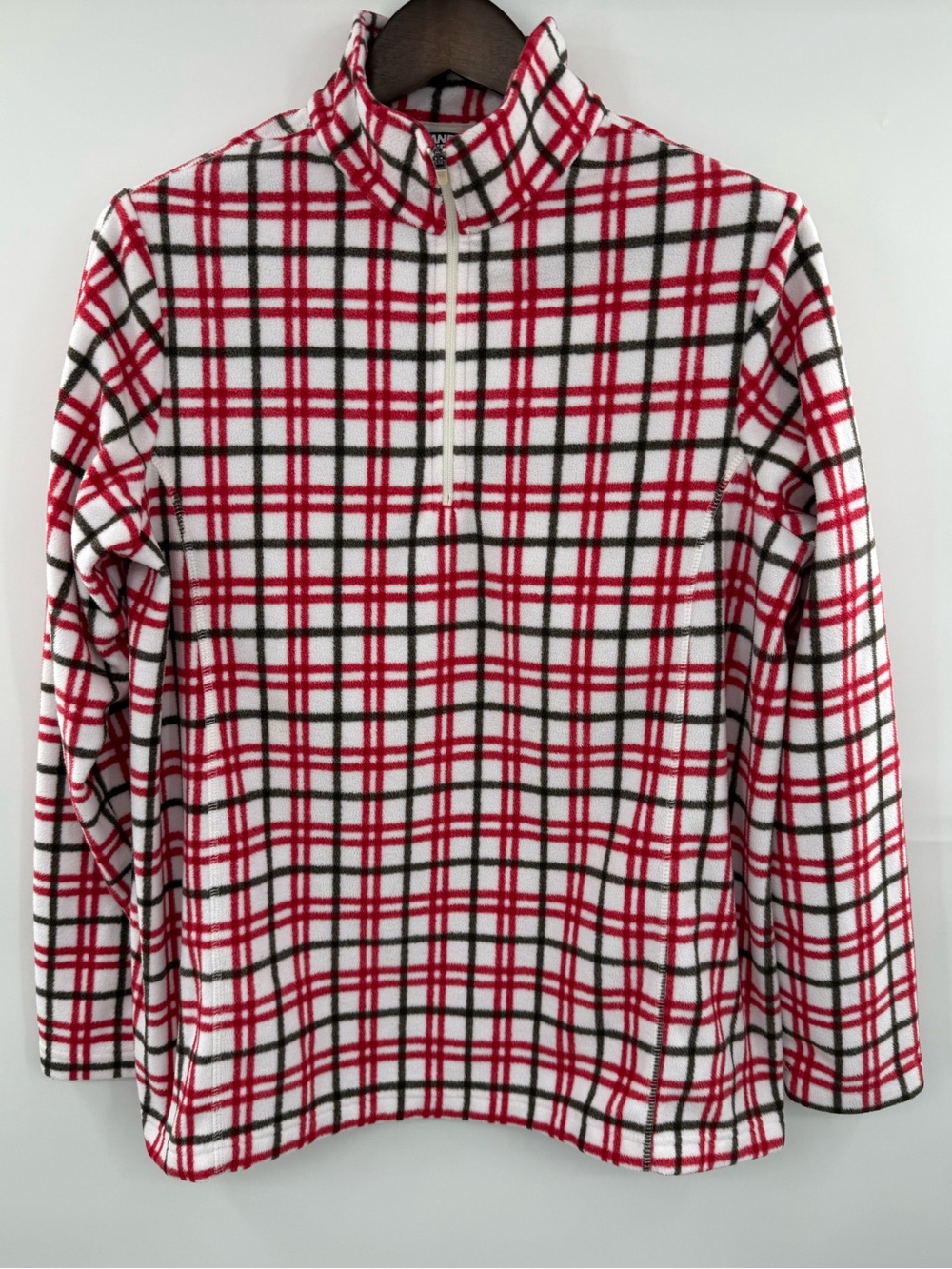 Lands’ End Womens L Tall 14-16 Plaid Fleece Quarter Zip Red Brown Ivory Gorpcore